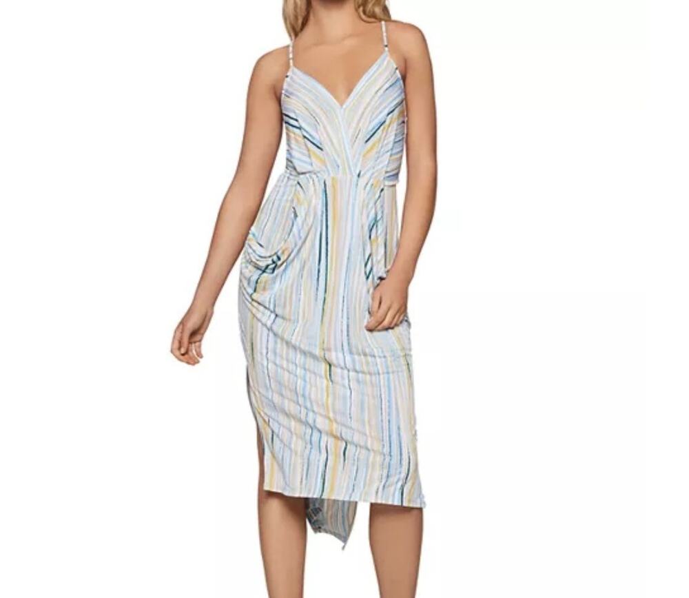 BCBGeneration Blue White Striped Draped Mini Dress Faux Wrap Bodycon Medium Chic